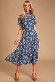 Floral Dressed Up Dusty Blue Floral Print Midi Dress Midi Short Sleeve Dress Floral Blue Dress Animal Print Shirt Dress