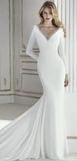 V Neck Silk Satin Floor Length Beading Sweep Train Long Prom Long Sleeve Wedding Dress Simple Wedding Dress Long Sleeve Wedding Dresses