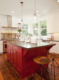 red painted kitchen island with all