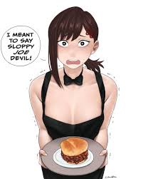 dismaiden, higashiyama kobeni, chainsaw man, absurdres, highres, 1girl,  apron, artist name, black apron, black bow, black bowtie, bow, bowtie,  breasts, brown hair, burger, cleavage, food, hair ornament, hairclip,  holding, holding tray, looking
