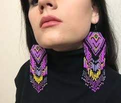 Purple and Black Native America Inspired Beaded Earrings, Native American  Style Bead Earring, American Style Big Earring,big Earrings
