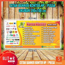 Apr 20, 2019 · hai, pada postingan kali ini kami akan memberikan informasi populer seputar desain banner konter hp cdr. Cetak Banner Konter Hp Pulsa Ukuran 200x100 Cm Shopee Indonesia