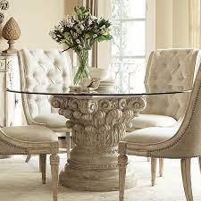 This set is finished in: Jessica Mcclintock The Boutique Round Dining Table White Veil Round Dining Room Sets Round Dining Room Glass Round Dining Table