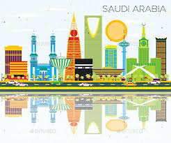 Saudi Arabia Skyline With Color Landmarks And Reflections Saudi Arabia Islamic Calligraphy Painting National Day Saudi