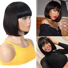 A curly bob can help make thin hair look thicker. Amazon Com Straight Short Bob Wigs With Bangs Human Hair Natural Color Bangs Wig For Black Women Brazilian 10 A Virgin Guleless Human Hair Wigs 10inch Bangs Wig Beauty