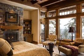 Love The Fireplace And Inset Bookcase Plus The Great Windows And Outside Patio Master Bedroom A Rustic Master Bedroom Interior Design Rustic Rustic Bedroom
