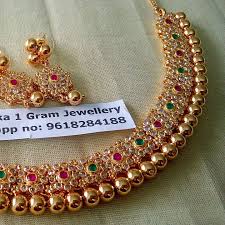 Beautiful One Gram Gold Necklace Studded With Multi Color Stones Necklace Wit Gold Jewelry Fashion Gold Necklace Indian Bridal Jewelry Jewelry Design Necklace