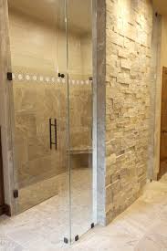 Tan And Beige Shower Tile With Natural Stone Tile Clear Glass Shower Door With Black Hardware Clear Glass Shower Door Shower Doors Glass Shower