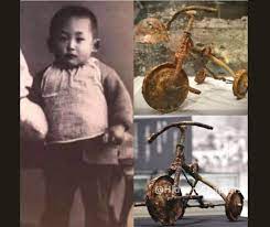 This small, rusted tricycle belonged to a 3-year-old boy named Shin  Tetsutani, who lived in Hiroshima, Japan. On the morning of August 6, 1945,  Shin was riding this tricycle in his yard