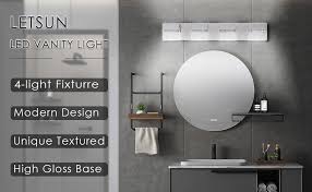 Should the vanity light above each mirror be smaller, about the same size or larger than the width of the mirror? Bathroom Lighting Fixtures Over Mirror Letsun 28w Led Bathroom Lights Over Mirror 32 Inch Vanity Lighting Fixtures 4 Light Bathroom Vanity Light Fixtures 6000k Cool White Makeup Mirror Front Light Amazon Com