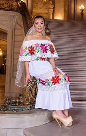 Multicolor Embroidered Off Shoulders Mexican Dress White Mexican Dresses Mexican Wedding Dress Traditional Mexican Dress