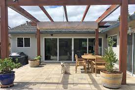 Shadefx Customized A 14 X 14 Retractable Canopy In A Sunbrella Crest Birch Fabric In 2021 Retractable Canopy Canopy Fence Front Yard