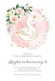 Swan Pink Roses Birthday Invitation Template Free Greetings Island Desain Logo Bisnis Ornamen Gambar