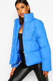 Womens Funnel Neck Puffer Jacket With Pockets Blue Puffer Jacket Puffer Jackets Jackets