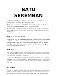 Batu seremban, or 5 stones, is a traditional game suited for players of all ages. Batu Seremban Leisure Sports