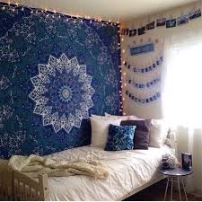 Image Via We Heart It Blue Decor Hipster Inspiration Lights Photography Theme Tumblr Cute Room Tapestry Dorm Room Essentials Bedroom Design