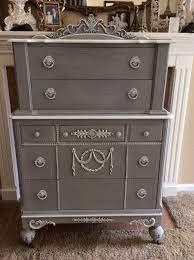 Finished Chest Painted With Pittsburg Grey And Vintage White Trim Gray Painted Furniture Furniture Fix Painted Furniture For Sale