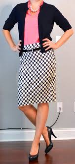 Black And White Polka Dot Skirt Outfit Ideas Outfit Post Polka Dot Pencil Skirt Coral Blouse Navy Cardigan Fashion Work Outfit Work Fashion
