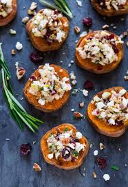 Sprinkle the potatoes with 1/3 of the salt/pepper mix. Sweet Potato Rounds With Goat Cheese Cranberry And Pecans