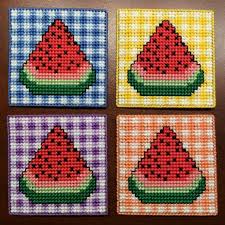Xmas cross stitch cross stitch charts cross stitching cross stitch embroidery cross stitch patterns plastic canvas coasters plastic canvas see images for chart snapshot and floss info. Watermelon Gingham Coasters Plastic Canvas Cross Stitch Pattern Manualidades Artesania Con Papel Manualidades Con Rafia
