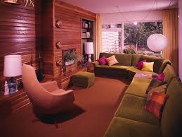 1960s 1970s living room interior shag wall to wall carpet bentwood rocker red stripe roman furnishing, living room, early 1970s, 70s, historic, historical, furniture, decoration, standard lamp, partition, closet, cupboard. Then And Now The Evolution Of The American Living Room