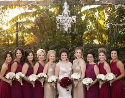 Blaire And Her Bridesmaids Look Lovely In Shades Of Ivory Champagne And Burgu Burgundy Champagne Wedding Gold And Burgundy Wedding Champagne Bridesmaid Dresses