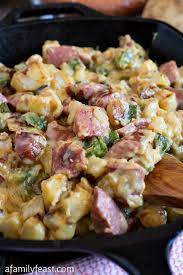 Cheesy Smoked Sausage Skillet A Family Feast Smoked Sausage Recipes Smoked Sausage Recipes
