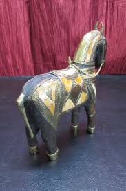 Carved wood horse statue figure w/ brass copper details #mosaicfolkart. Lot Detail Carved Wood Arabian Horse With Brass Copper Bone Inlay
