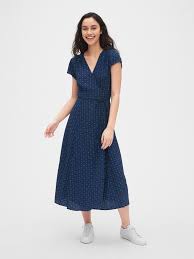 Wrapping maxi skirt secures via two adjustable ties at the waist. Gap Midi Wrap Dress In Blue Dot Blue Lyst