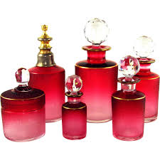 Antique French 6pc Saint Louis Crystal Cameo Etched Red Cranberry To Clear Dresser Vanity Pe Perfume Bottles Beautiful Perfume Bottle Antique Perfume Bottles
