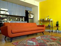 I found this vintage orangeish sofa with casters on the bottom. Mid Century Modern Orange Chenille Sofa The Sofa Company Midcentury Living Room Other By The Sofa Company Houzz