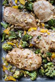 Sheet Pan Peanut Butter Chicken And Broccoli High Protein Low Carb Recipe Peanut Butter Chicken Butter Chicken Sheet Pan Dinners