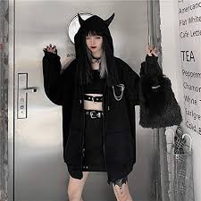 悪魔の角パーカー レディース コート 病みかわいい プルオーバー ロング丈 ワンピース 韓国ファッション おおきいサイズ かっこいい ストリート系 無地 秋冬 ブローチ付き フードポケット付き 原宿系 10代 20代 天使と悪魔 サブカル系ファッション seasonz powered by