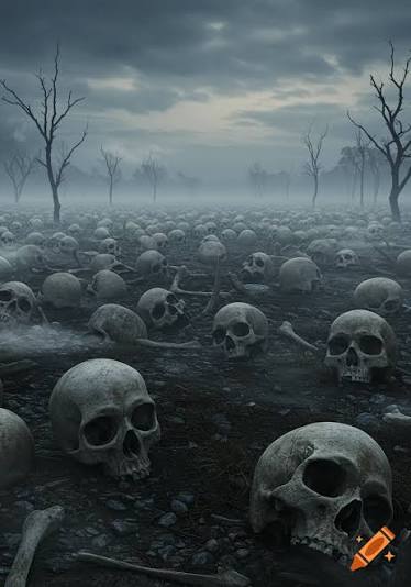 A photorealistic, gloomy landscape covered with numerous human skulls and  bones, under a dark, misty sky with bare trees. on Craiyon