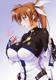 tamo (nama-yatsuhashi), takamachi nanoha, takamachi nanoha (exceed mode),  lyrical nanoha, mahou shoujo lyrical nanoha strikers, highres, 1girl,  ahoge, blush, breasts, brown hair, cleavage, fingerless gloves, gloves,  gradient background, huge breasts ...