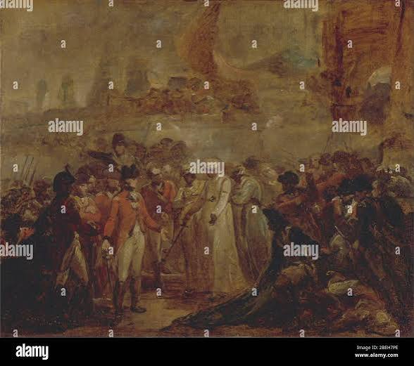 The Two Sons of Tipu Sahib, Sultan of Mysore, Being Handed over as Hostages to General Cornwallis, Robert Smirke reimagined Stock Photo - Alamy