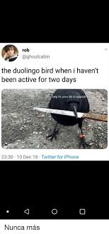 Comments appear on our site once they are reviewed (usually it takes up to 1 hour). Rob The Duolingo Bird When I Haven T Been Active For Two Days Beg For Your Life In Spanish 2330 10 Dec 18 Twitter For Iphone 0 Nunca Mas Iphone Meme On Ballmemes Com