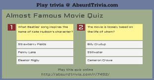 Nov 17, 2020 · movie trivia questions and answers. Almost Famous Movie Quiz