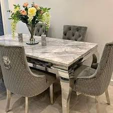 Chelsea Grey Solid Marble Dining Table Set Majestic Chairs In 2020 Dining Table Marble Grey Dining Room Table Grey Dining Tables