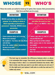 Whose Vs Who S Useful Difference Between Who S Vs Whose 7 E S L In 2020 Confusing Words Learn English English Vocabulary Words