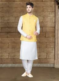 Designer Off White Dupion Silk Kurta With Lemon Yellow Jacket 618887 Traditional Indian Mens Clothing Indian Groom Wear Kurta Men