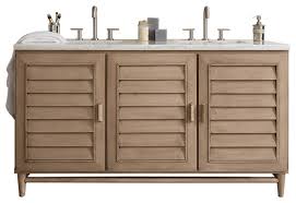 This lovely bathroom vanity with matching set hutch ships assembled and includes a 1 backsplash, beveled, og edge solid stone marble top, click photo at right, white porcelain sinks, four doors with shelves, four felted drawers on metal slides, with matching beveled double mirrored hutch with. James Martin Portland 60 Double Vanity Midcentury Bathroom Vanities And Sink Consoles By James Martin Furniture Houzz