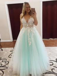 A Line V Neck Long White Lace Appliques Light Green Prom Dresses V Neck Lace Light Green Formal Dresses Lace Green Evening Dresses Lavender Prom Dresses Ball Gowns Tulle Prom Dress