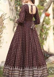 Dark Brown Long Gown With Beautiful Gold Prints Deep Back And Tassels Kurti Fashion