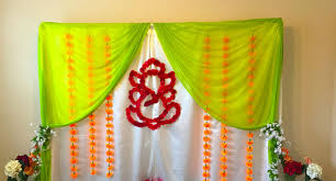 Housewarming Decoration Green And Half White Combination With Ganesh Backdrop Indian Baby Shower Decorations Housewarming Decorations House Warming