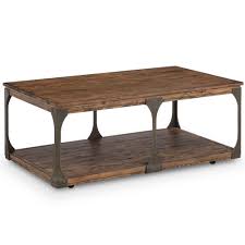 Made with beautiful red oak wood top and 1x 2 rectangular steel , cut and welded into sturdy legs. Magnussen Montgomery Industrial Reclaimed Wood Coffee Table With Casters In Bourbon Finish T4112 43