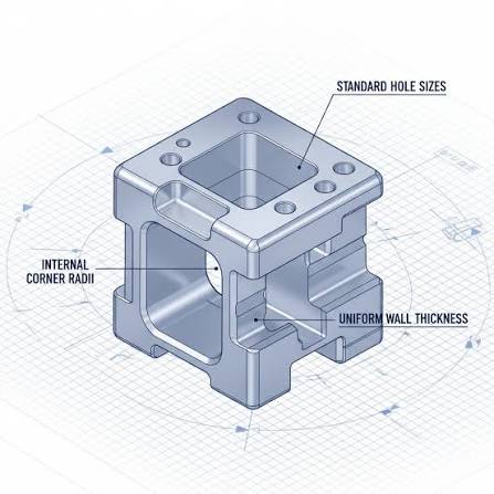 Cross-section through a deep milled pocket showing tool length-to-diameter ratio, progressive step-down passes, chip accumulation zone at the floor, and a recommended maximum depth line at 3&times; tool diameter.