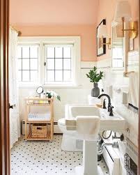 Peachy Pink Bathroom White Wainscotting White Pedestal Sink White And Black Tiled Floor Vintage Modern Cute Gold Accent Home Retro Home Decor Bathrooms Remodel