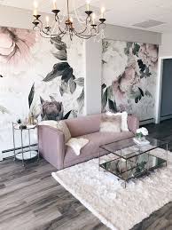 Modern Glam Interior Design Featuring Blush Pink Velvet Sofa Glam Chandelier And Floral Wallpaper Designed By Alisa Bo Glam Interior Design Decor Living Decor