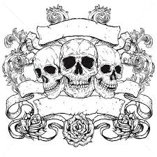 Stock Photo Three Skulls With Banners Scrolls And Roses Skulls Drawing Skull Stencil Skull